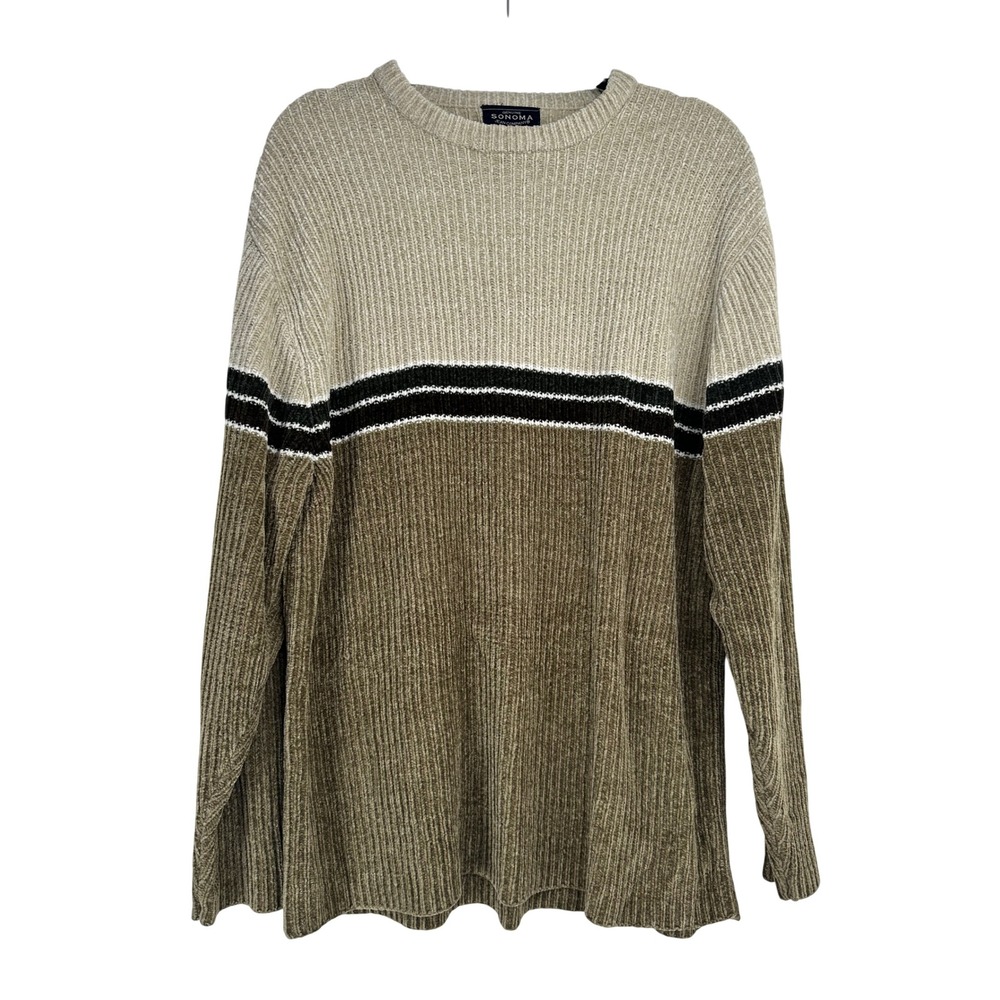 Sonoma Mens XL Chenille Ribbed Striped Crewneck Sweater Tan Y2K Vintage Grunge